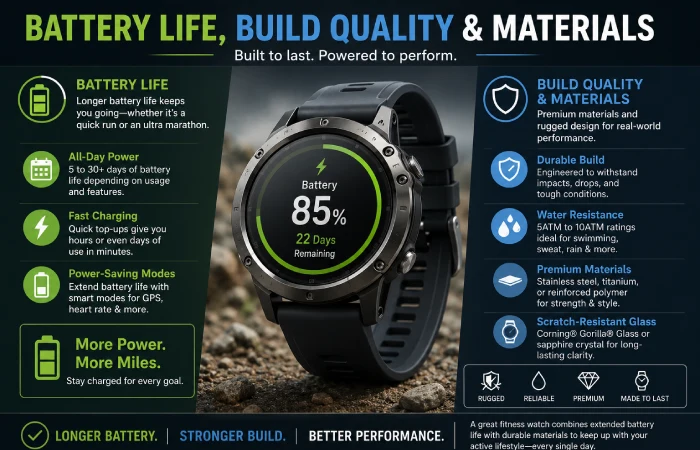 battery life, build quality and materials